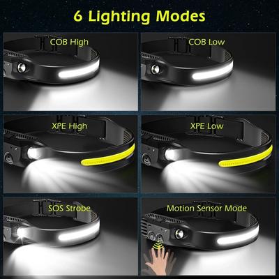 Мощный светодиодный индукционный налобный фонарь XPE + COB, налобный фонарик, USB перезаряжаемый, для кемпинга, рыбалки, поисковый светильник, водонепроницаемая фара