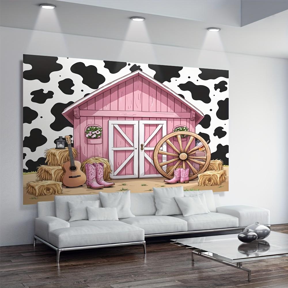1 piece of 2D flat banner - Western barn party background - featuring pink barn cattle patterns small carts and guitar design