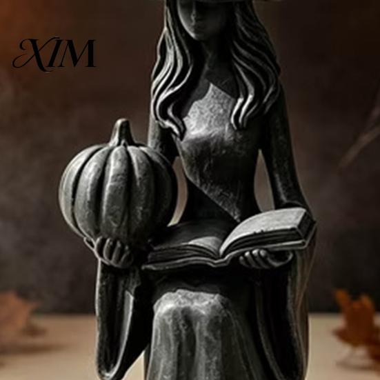 Indoor Holiday Seasonal Display Pumpkin Witch Ornament, Halloween Gothic Style Tabletop Figurine, Retro Home Decor Ornament PLA Statue for Bookshelf