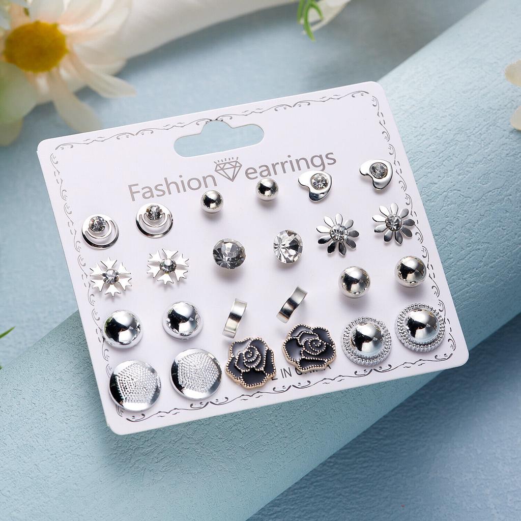 12 Pairs Earrings Set Stud Crystal Pearl Butterfly Flower Heart Women Jewelry