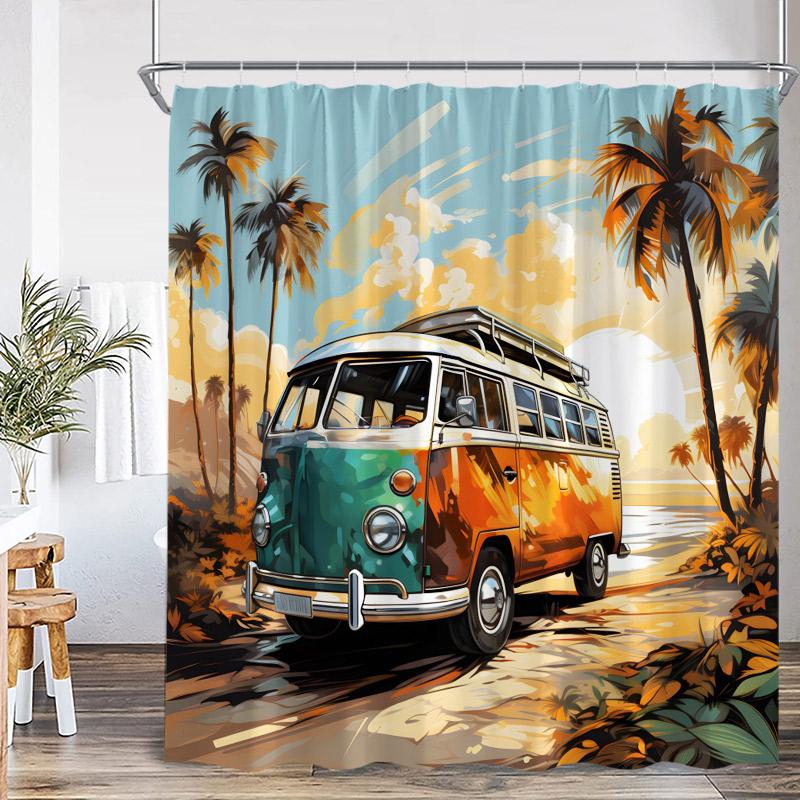 Винтажные Шторки для Душа в Кемпинге Абстрактный Горный Кемпер Лесной Пейзаж Полиэстер Декор для Домашней Ванной Комнаты с Крючками