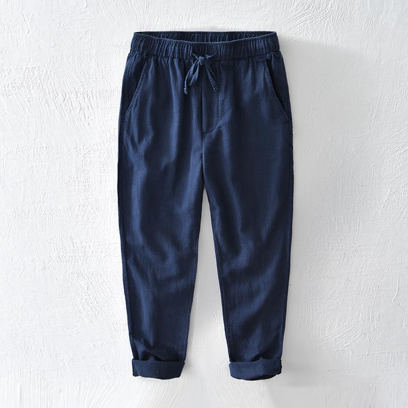 Men's L8223 Drawstring Elastic Waist Casual Cotton Linen Pants - Straight Leg, Loose Fit, Long Ramie.