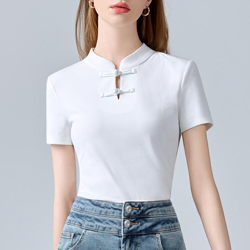Новая китайская футболка с воротником-стойкой и короткими рукавами для женщин на лето, новая женская ретро-футболка в китайском стиле с пуговицами, шикарный топ