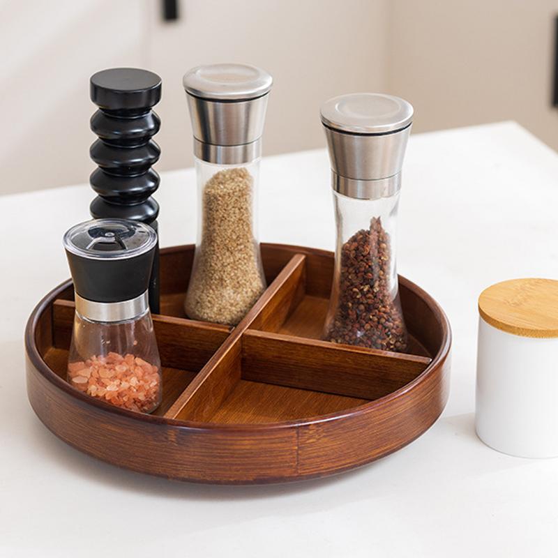 12-дюймовый круглый сервировочный поднос «Ленивая Сьюзен» из дерева акации, 4 секции, деревянные разделители, ручки для переноски, деревянный вращающийся органайзер