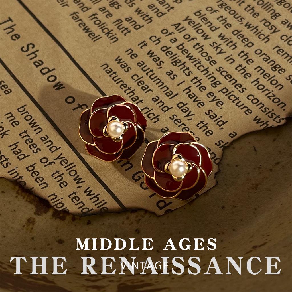 Vintage Burgundy Red Enamel Drop Earrings - Retro French Style Studs