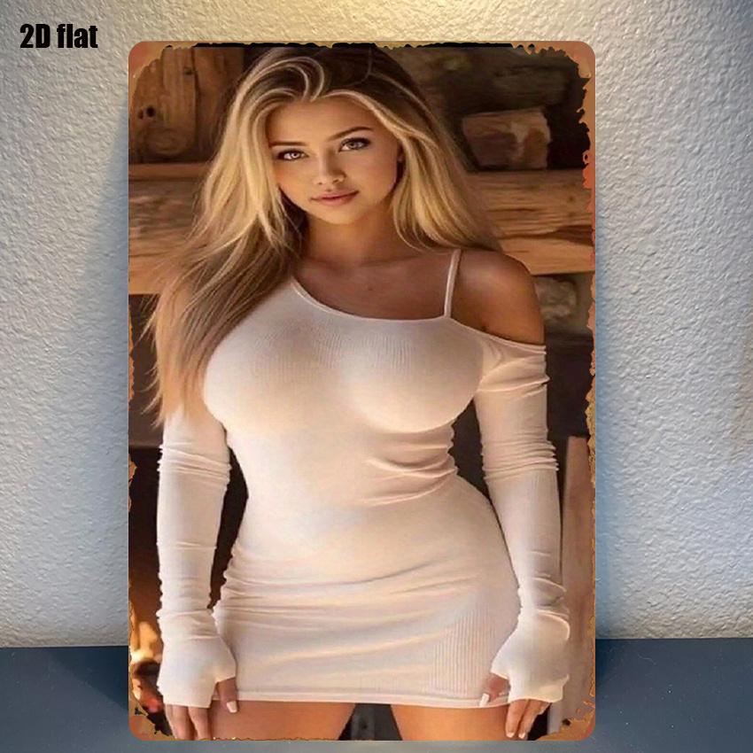Vintage Blonde Girl in White Bodycon Dress Metal Tin Sign D Flat Retro Aluminum Wall Art Decor