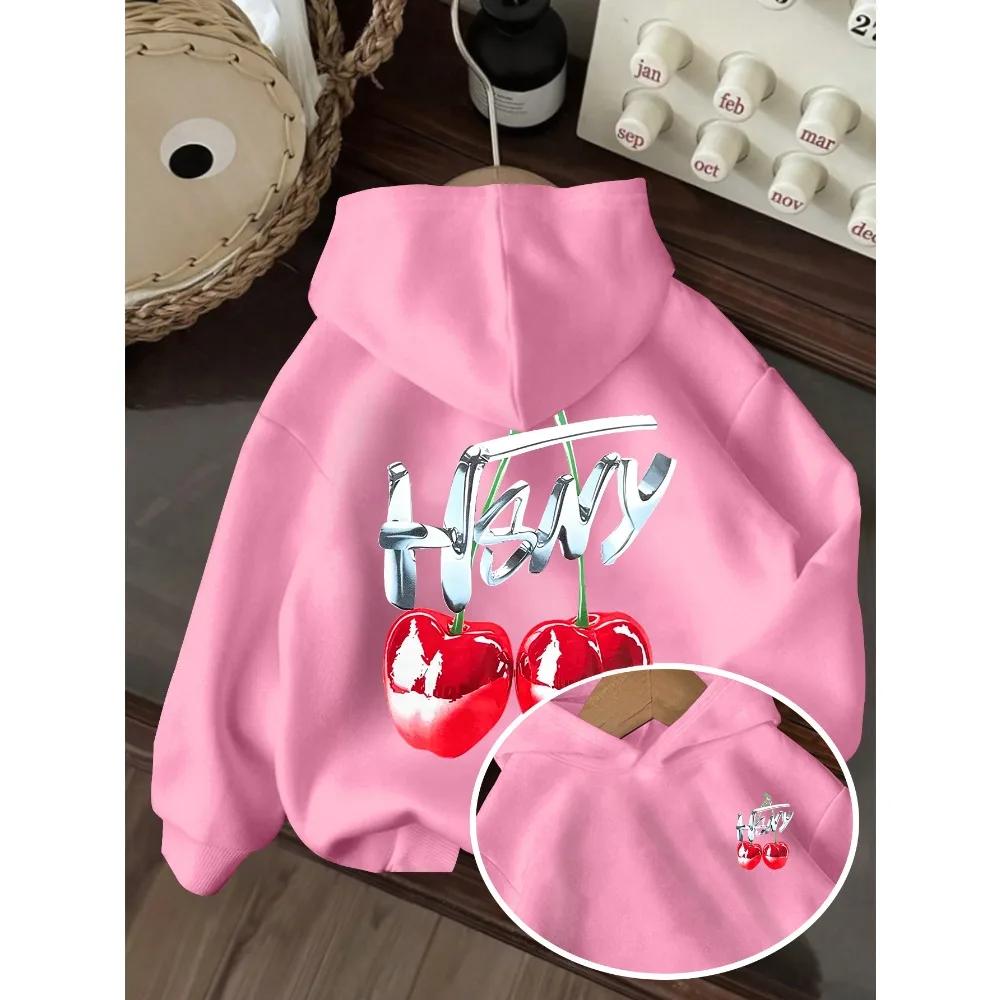 Casual children's hoodie featuring cherry and letter prints—new autumn/winter sweatshirt for boys and girls.