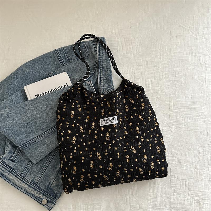 Korean Ins Floral Canvas Bag Women's Shoulder Large Capacity Canvas Bag Thin Plaid Cradle Bag Portable Canvas Bag