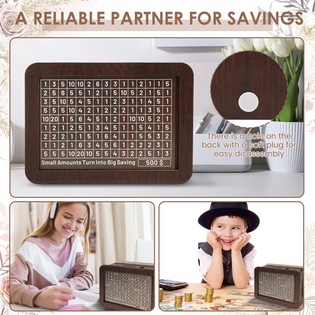 Money Wood Box Piggy Bank Wood Money Bank Large Capacity Cash Savings Box with Saving Goal Numbers Money Boxes Home Decorations