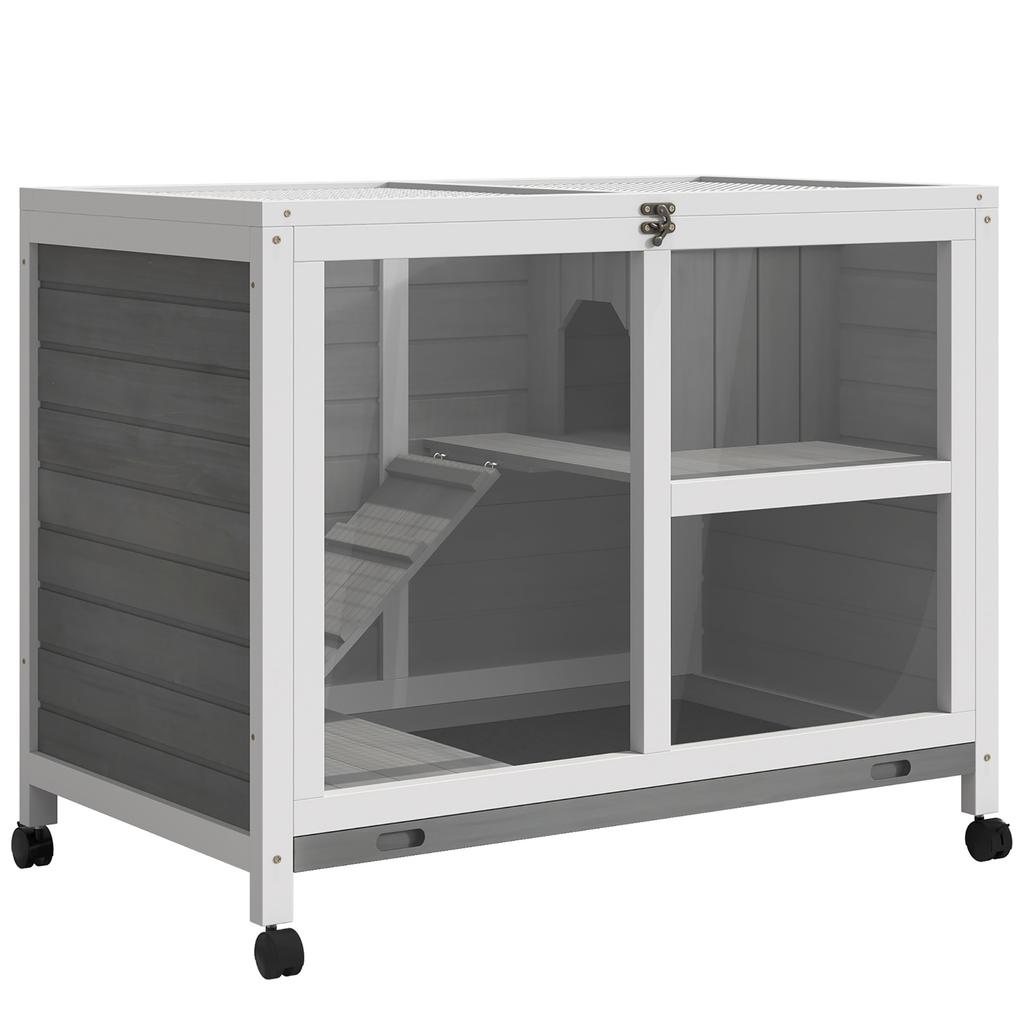 Small animal hutch with 2 levels, 4 wheels, sealed fir wood, grey