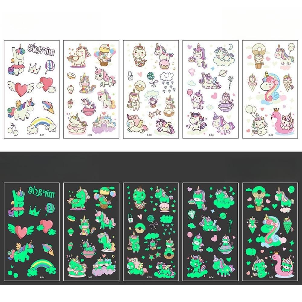 5/10Sheets Luminous Tattoo Anime Stickers Toy Children Body Art Temporary Fake Tattoos Waterproof Cartoon Unicorn Animal Mermaid