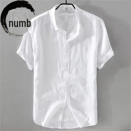 Мужская модная повседневная белая рубашка из хлопка и льна с коротким рукавом