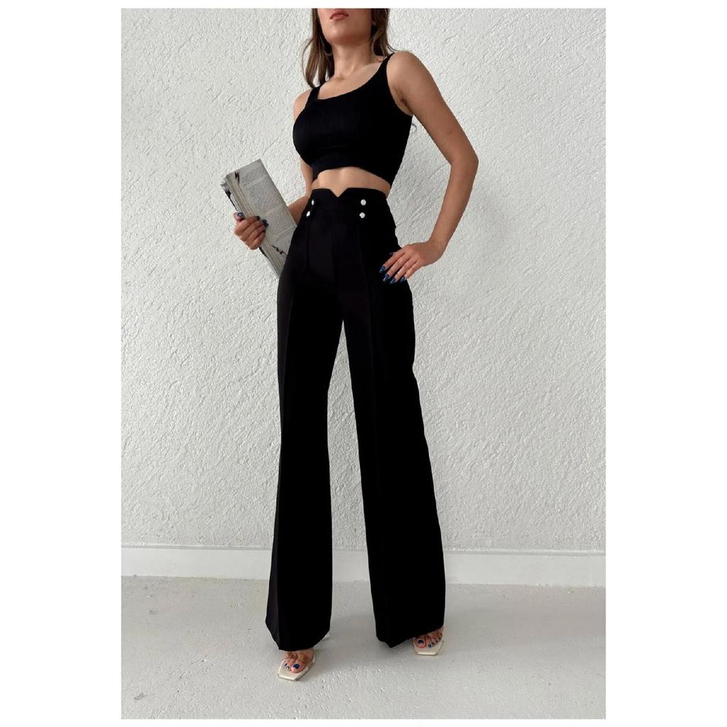 Women's High Waist Palazzo Buttoned Detail Slim Fit Pants