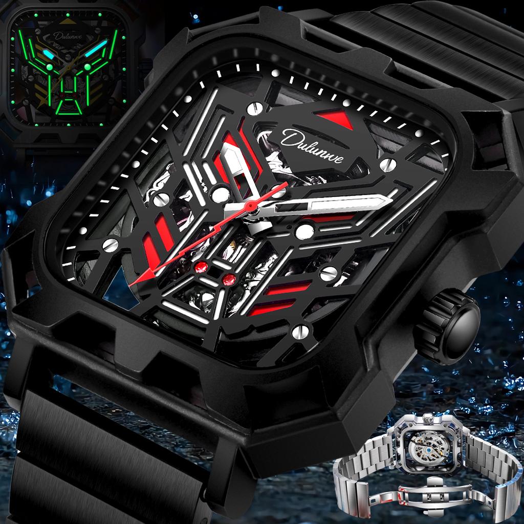 Новая концепция трехмерных квадратных циферблатов с полым циферблатом, мужские прохладные ночные светящиеся водонепроницаемые автоматические механические часы из нержавеющей стали