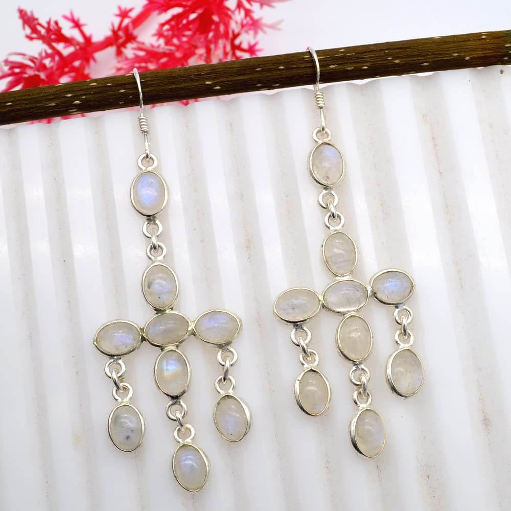 Серьги с радужным лунным камнем, женские серьги, подарок для нее, серьги с подвесками, подарок с камнем на день рождения, серьги с ободом, дизайнерские серьги
