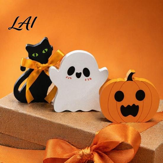 Decorative Wood Crafts for Shelves 3Pcs/Set Halloween Tiered Tray Decorations Cute Ghost Pumpkin Black Cat Wooden Ornaments Ornaments Block
