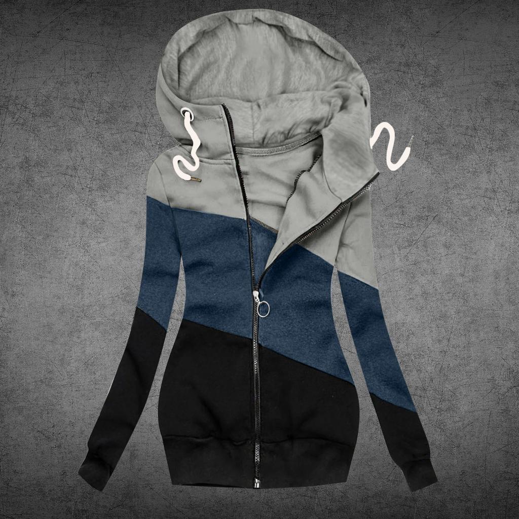 Women Winter Casual Stitching Color Jacket Zipper Sweatshirt Long Sleeve Coat