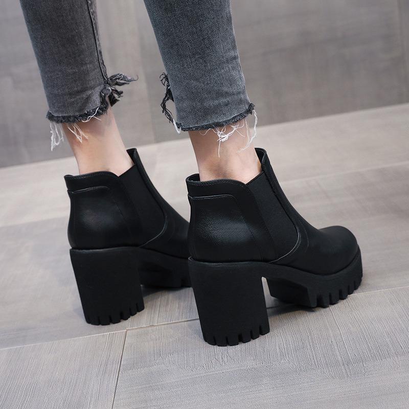 Женские ботинки Высококачественные Повседневные Кожаные Ботинки Толстая Подошва Высокий Каблук Ботинок Черные Рабочие Ботильоны Платформа Повседневные Ботинки Botas Mujer