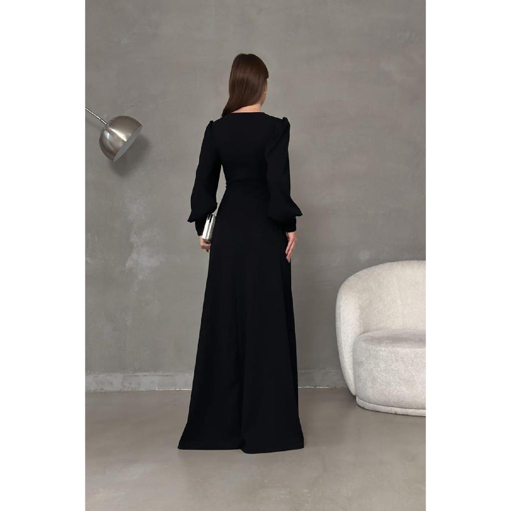Black Crepe Fabric Front Knot Detail Maxi Length Long Sleeve Double Slit Dress