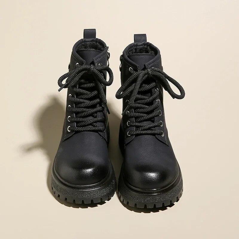 Классические ботильоны, женская зимняя кожаная повседневная обувь на молнии и шнуровке для женщин, современные ботинки на среднем каблуке с круглым носком