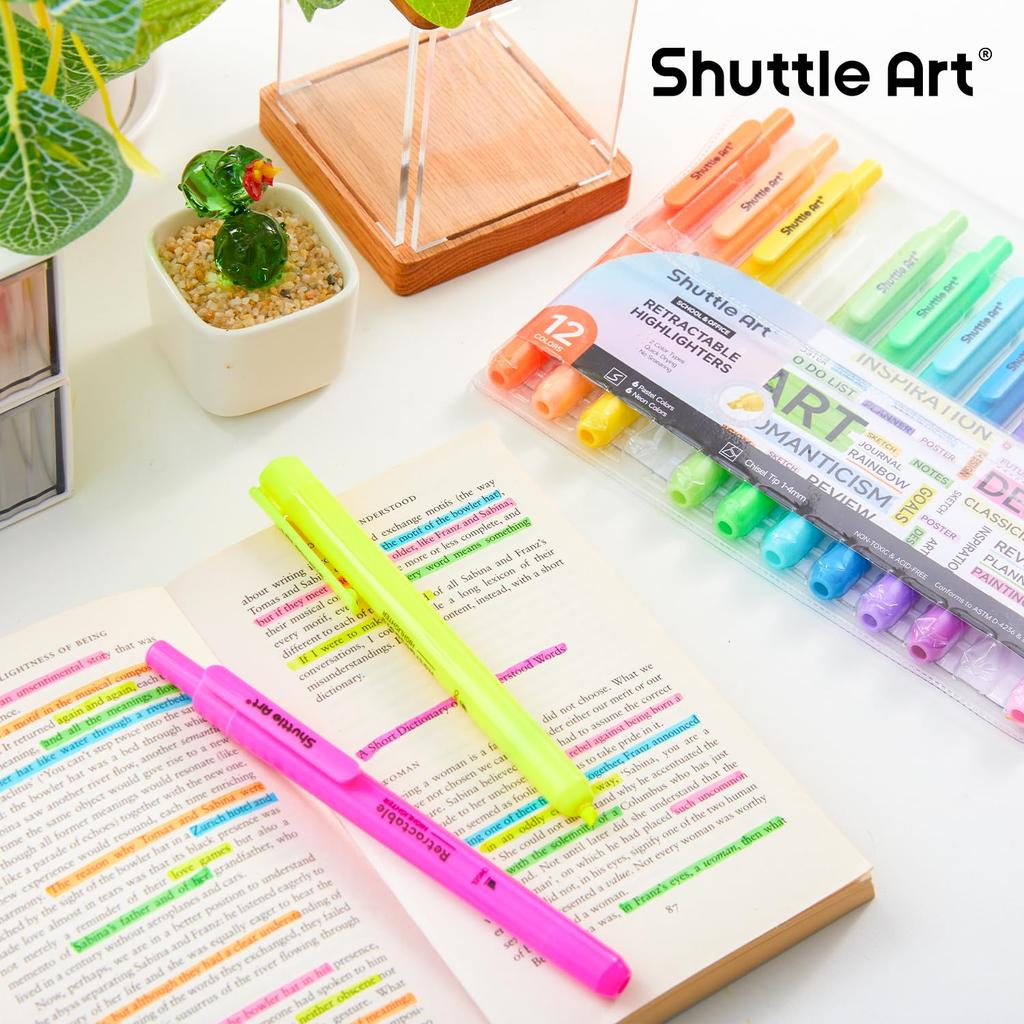Маркер-хайлайтер Shuttle Art, Пастельные и Неоновые, Скошенный Наконечник, для Дневника, Открытки, SNS, Набор из 12 Штук, Выдвижной, Различные Цвета, Мягкие, Яркие, На Водной Основе, Наконечник, Быстросохнущий,