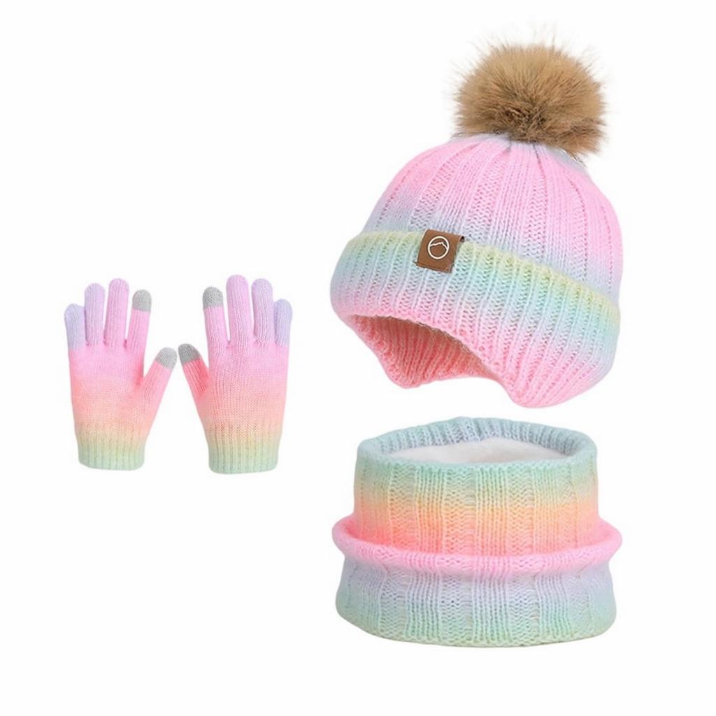 Three-piece Set Of Children's Hat, Gloves And Scarf - For Boys And Girls, Winter Fleece-lined Warm Earmuff Gradient Color Wool Knitted Hat