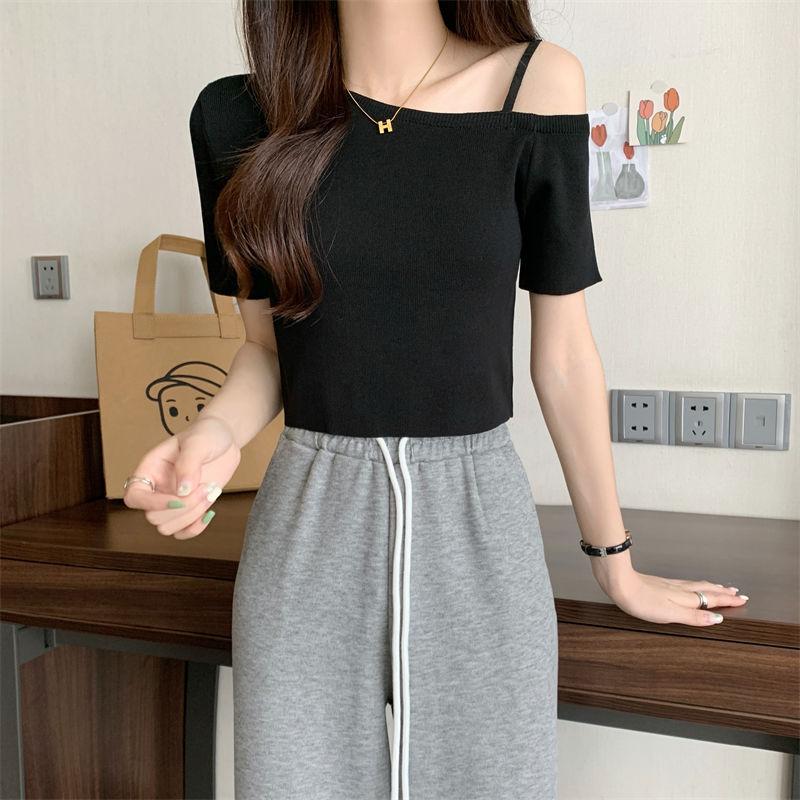 Футболка High End Chic and Beautiful с косым воротником и открытым плечом, короткий трикотажный топ, летняя футболка Ice Silk с короткими рукавами