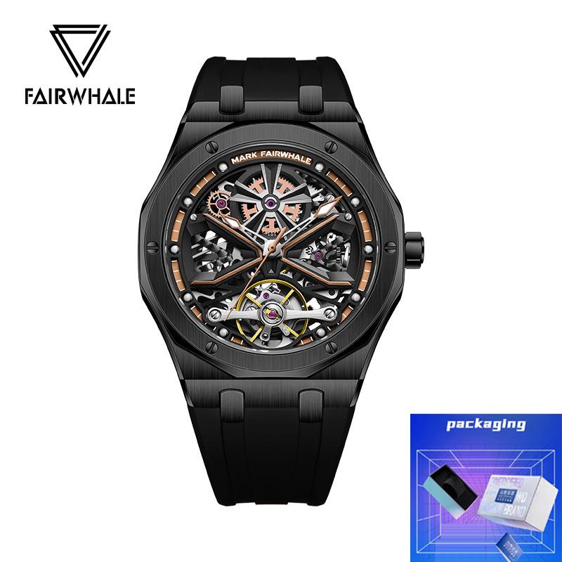 Mark Fairwhal Fashion Tourbillon Watch Men's Silicone Strap Luxury Hollow Luminous Fully Automatic Mechanical Watches reloj