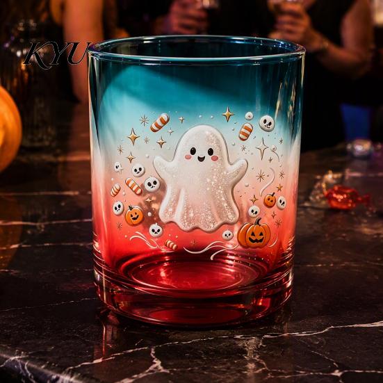 Spooky Pumpkin Party Cups Halloween Ghost Glass Cup, Colorful Gradient Aesthetic Tumbler with Decorative Holiday Drinkware Skull Print, Drinkware,