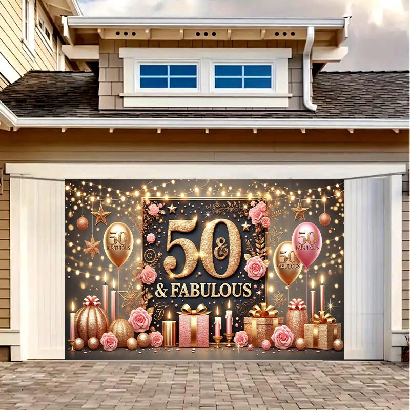 A polyester 50th birthday party banner - elegant and luxurious background decorated with gold and pink polyester fabric