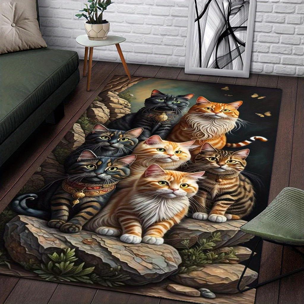 Ultra-Soft Cat Themed Non-Slip Rug, Realistic Animal Print Polyester Mat for Living Room Bedroom Home Decor