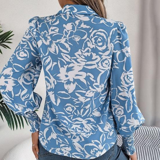 Women Shirt Lapel Lantern Long Sleeve Elastic Cuffs Casual Tops Single Breasted Flower