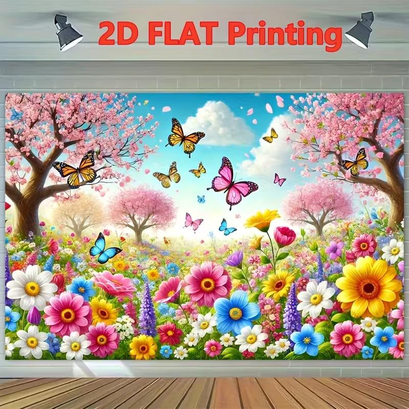 2D Enchanted Spring Cherry Blossom Tapestry, Colorful Flowers Garden with Butterflies Wall Decor
