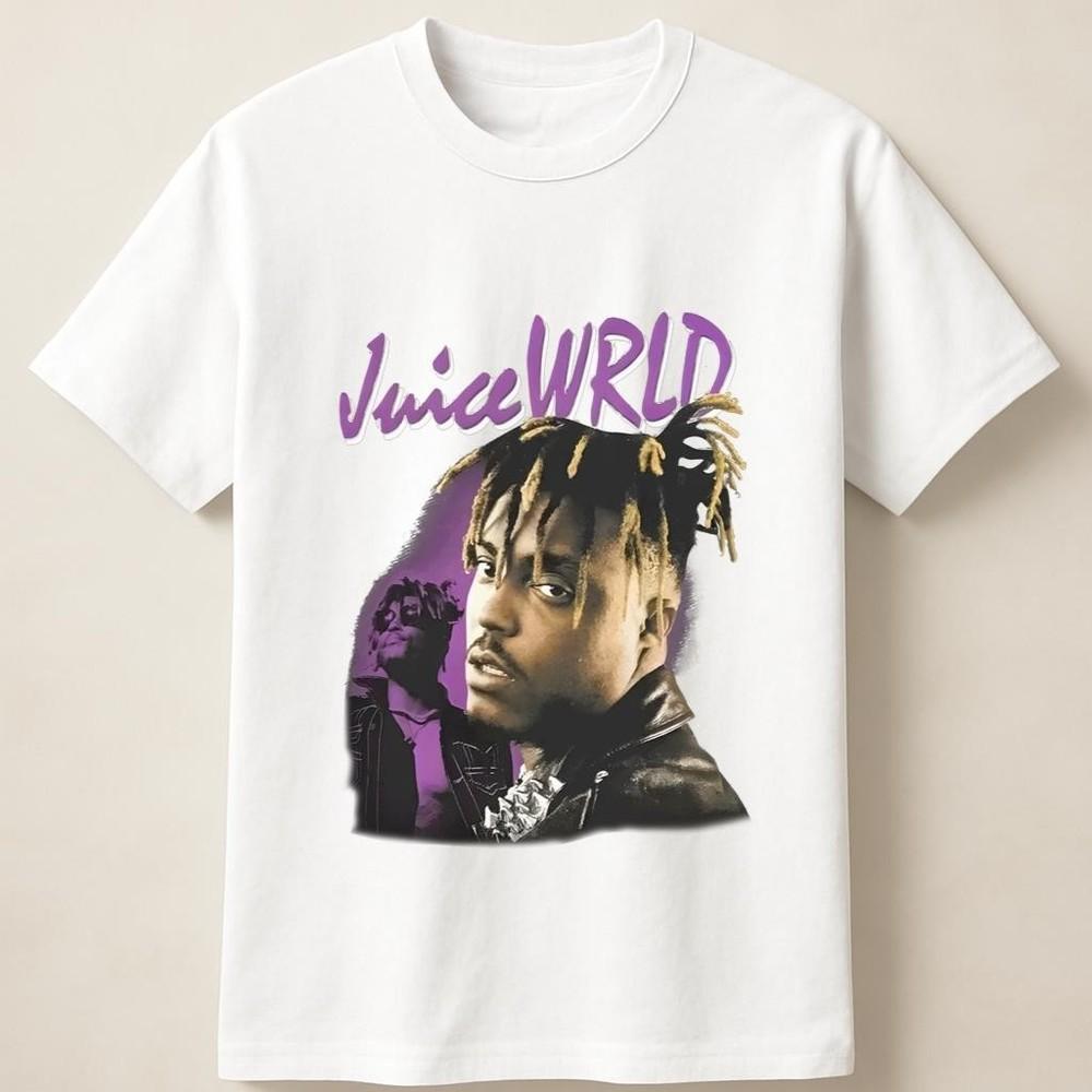 Унисекс Футболка с Графическим Портретом Juice WRLD на Фиолетовом Фоне Унисекс Футболка