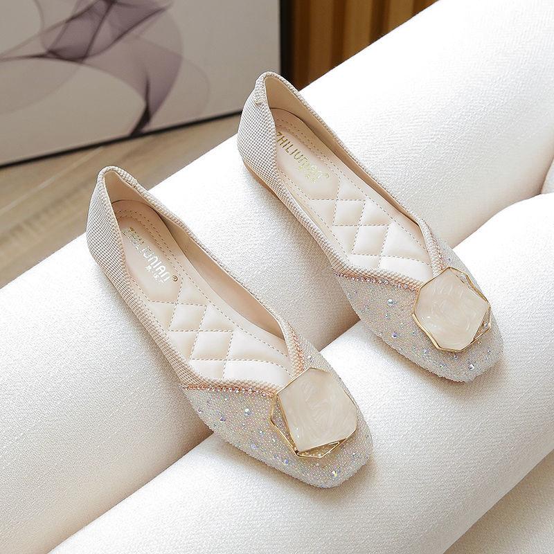 Fashion With Crystals Rhinestone Bride Flat Flats Shoes for Woman 2024 Pink Women's Summer Footwear Diamond Square Toe Y2k Spring Shoe