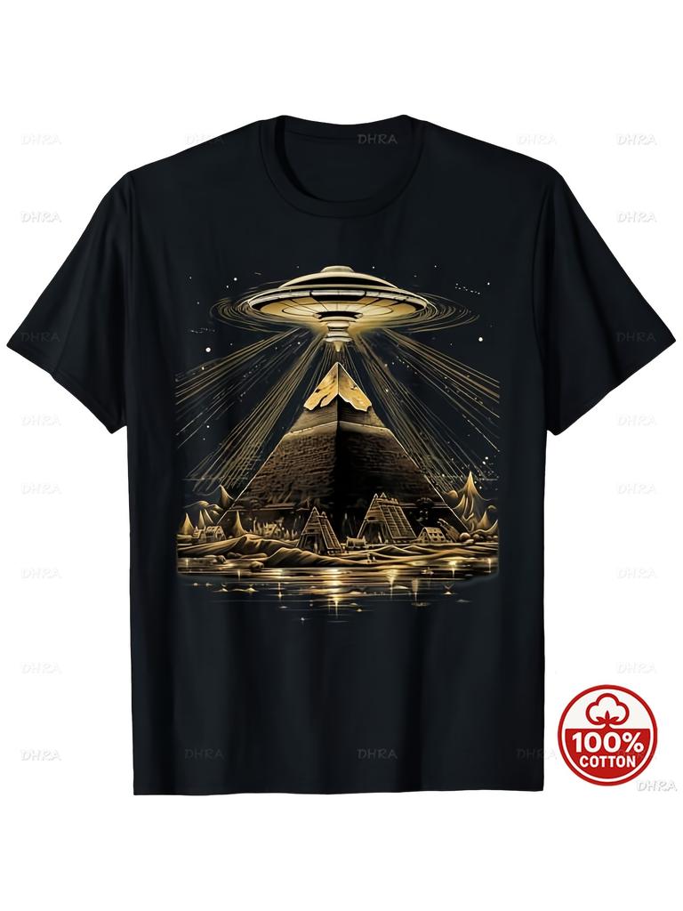Aliens UFO Egyptian Pyramids Science Fiction Graphic Summer Cotton Loose Sport Tshirt Short Sleeve Casual TShirts for Unisex Unisexs