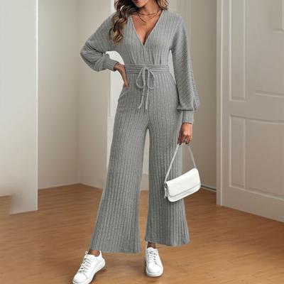 Женские осенние однотонные фактурные брюки Sense of One Piece с V-образным вырезом и шнуровкой, облегающие прямые брюки, повседневный трикотажный комбинезон