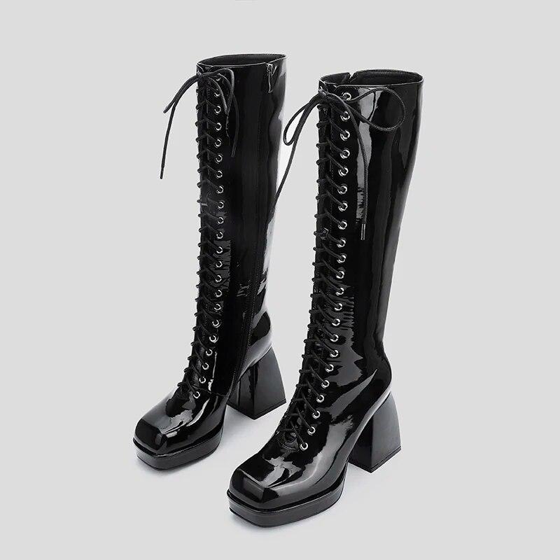 Sexy Patent Leather Knee High Boots Platform Women Boots Chunky High Heel Lace Up Long Boots Autumn Winter Zipper Woman Shoes