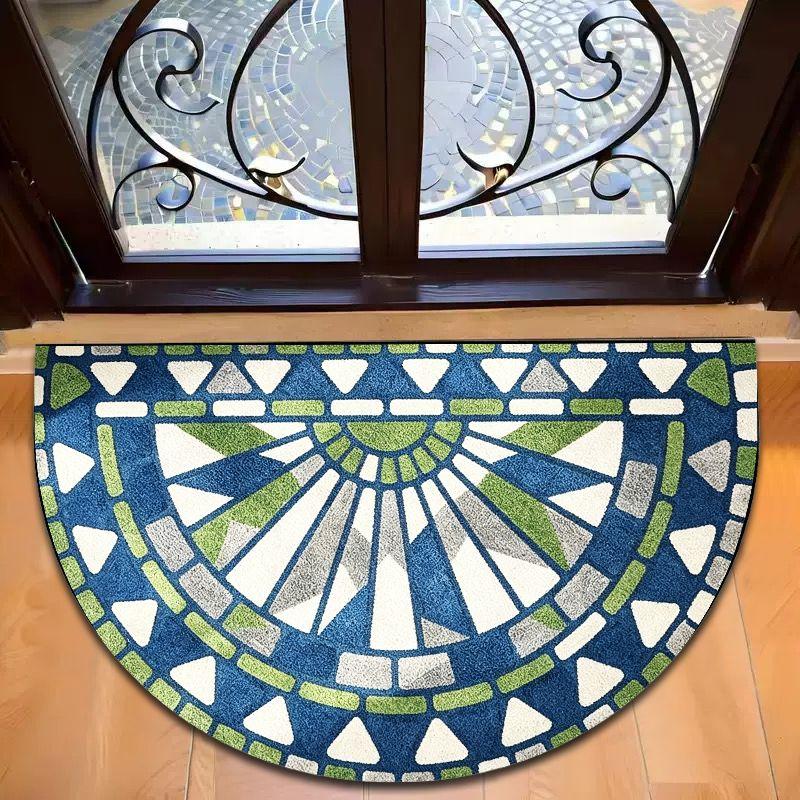 Blue Green Geometric Mosaic Half Round Bath Mat, Non‑Slip Water Absorbent Modern Bathroom Floor Rug