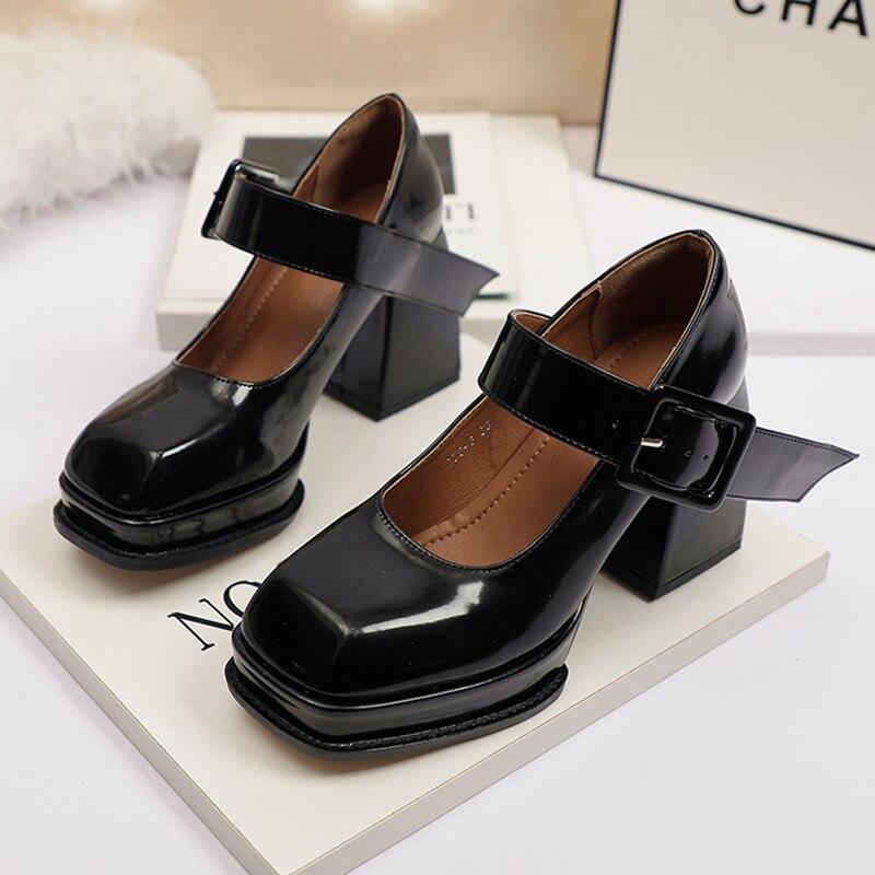 Женская обувь Мэри Джейн, женские туфли-лодочки на высоком каблуке и платформе, лакированные кожаные туфли с квадратным носком, женские туфли на высоком массивном каблуке