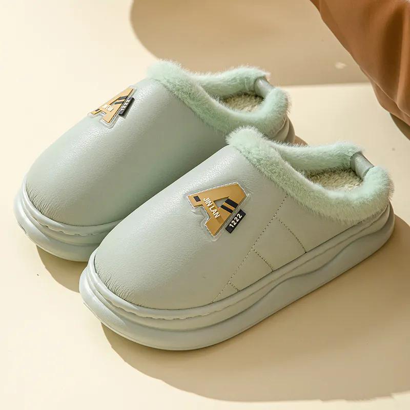 WTEMPO Пара теплых тапочек из искусственной кожи на толстом плоском каблуке, закрытый носок, осенне-зимние хлопковые домашние плюшевые тапочки