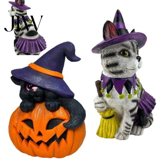 Small Witch Decor for Windows Halloween Ornament, Black Cat Pumpkin Shape, Durable Synthetic Resin Unique Holiday Gift Kids Weather Resistant