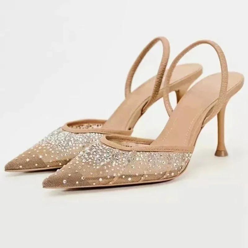 Fashion Luxury Designer Shiny Rhinestone Mesh Heeled Sandals Women Summer Sexy Pointed Toe Slingbacks Thin High Heels Elegant Dress Shoe