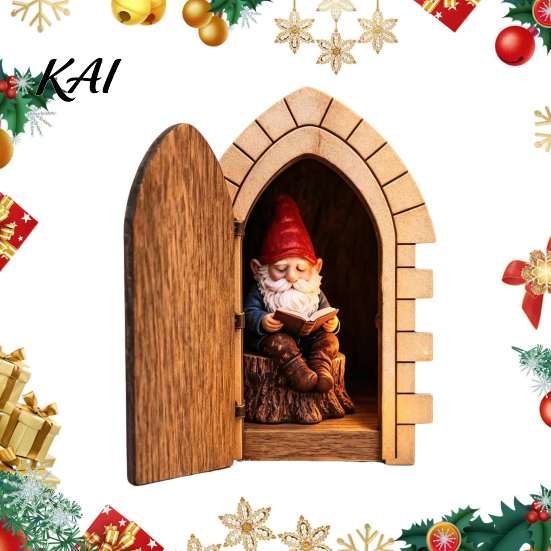 Reusable Holiday Decorative Door Opening Fairy with Hidden Gnome Scene, Miniature Wooden Wall Decor, Elf Decor 2D Flat Reading Scene Hinged