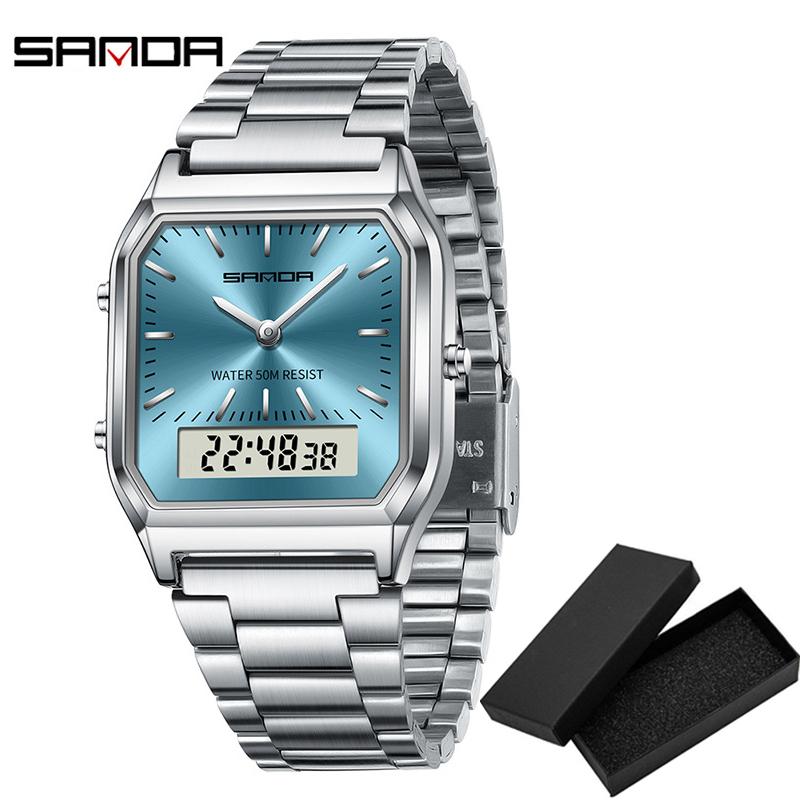 Fashion Sanda Brand Men Watches Retro Stainless Steel Band Digital Display Erkek Kol Saati Zegarek Damski Relogios Wristwatches