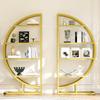 120×30×130 cm Round Arch Standing Shelf – 2-Piece Metal Bookshelf with Gold Frame & 4 White MDF Shelves, for Living Room, Kitchen & Decoration