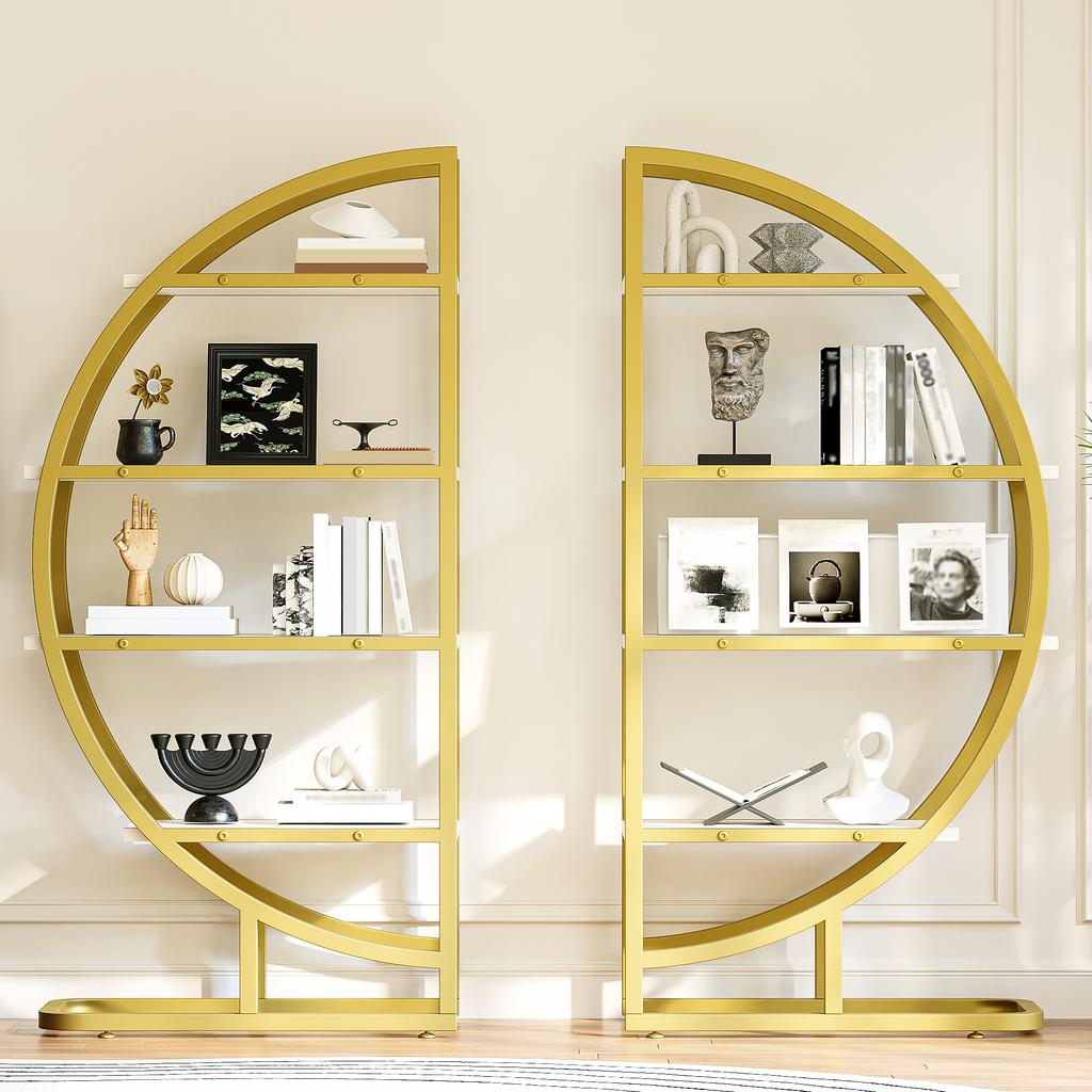 120×30×130 cm Round Arch Standing Shelf – 2-Piece Metal Bookshelf with Gold Frame & 4 White MDF Shelves, for Living Room, Kitchen & Decoration