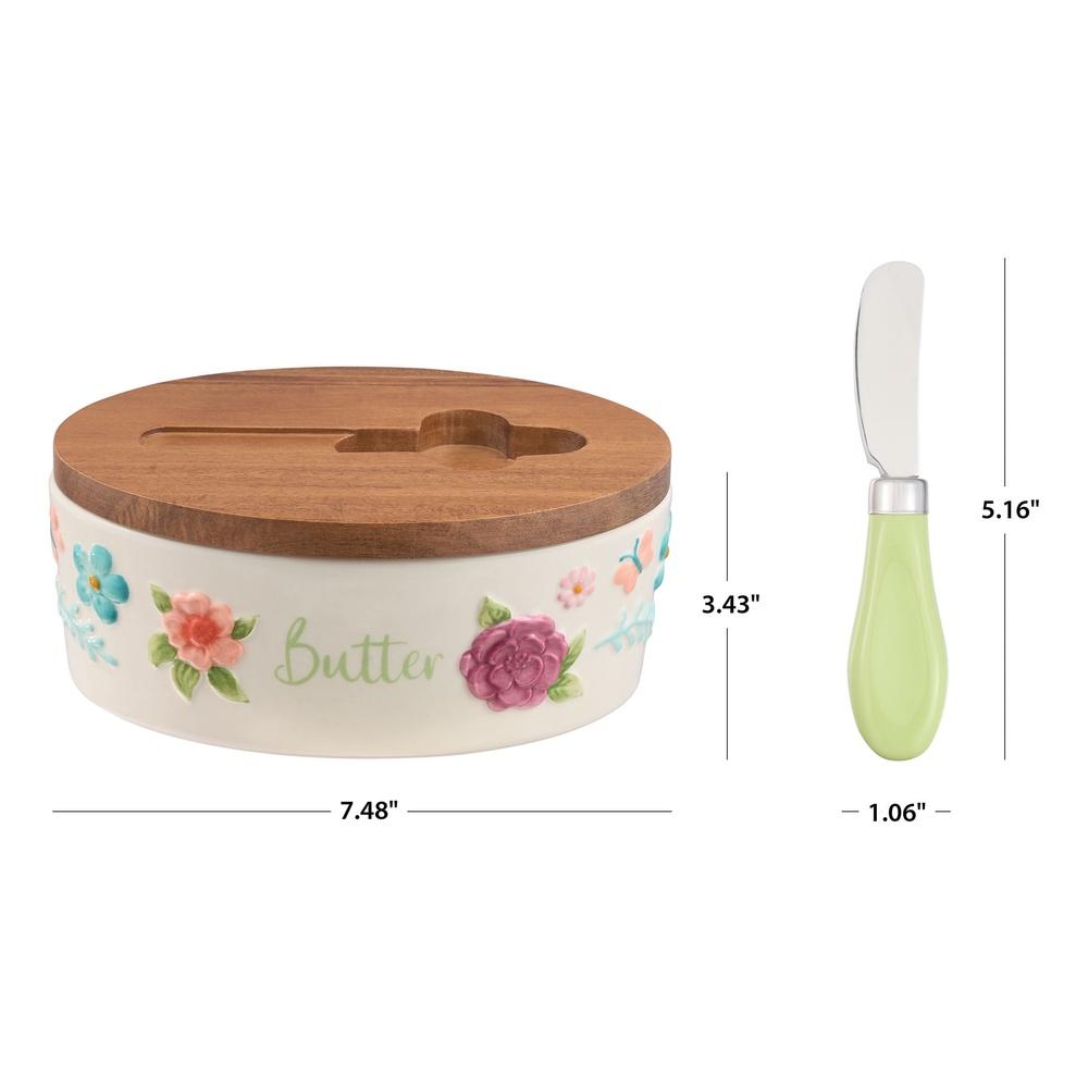 Набор масленок Painted Meadow Крышка из акации Металлический сервировочный нож Цветочный рельефный каменный фарфор Хранение масла Ручная работа Кухня