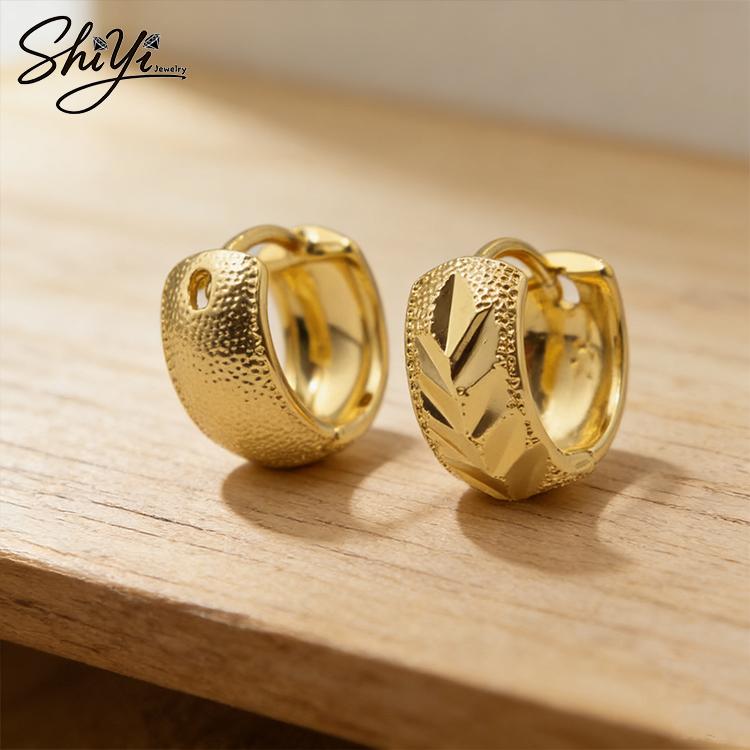 Vintage Hammered Textured Hoop Earrings 14K Gold Plated Brass Geometric Pattern Trendy Women's Daily Wear Guangdong Shiyi