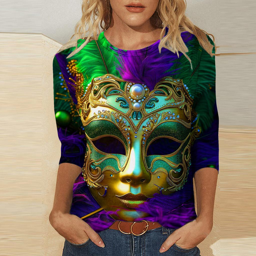 Round Neck 3D Mask Printed Top Fashionable Casual Long Sleeved Women's T-shirts